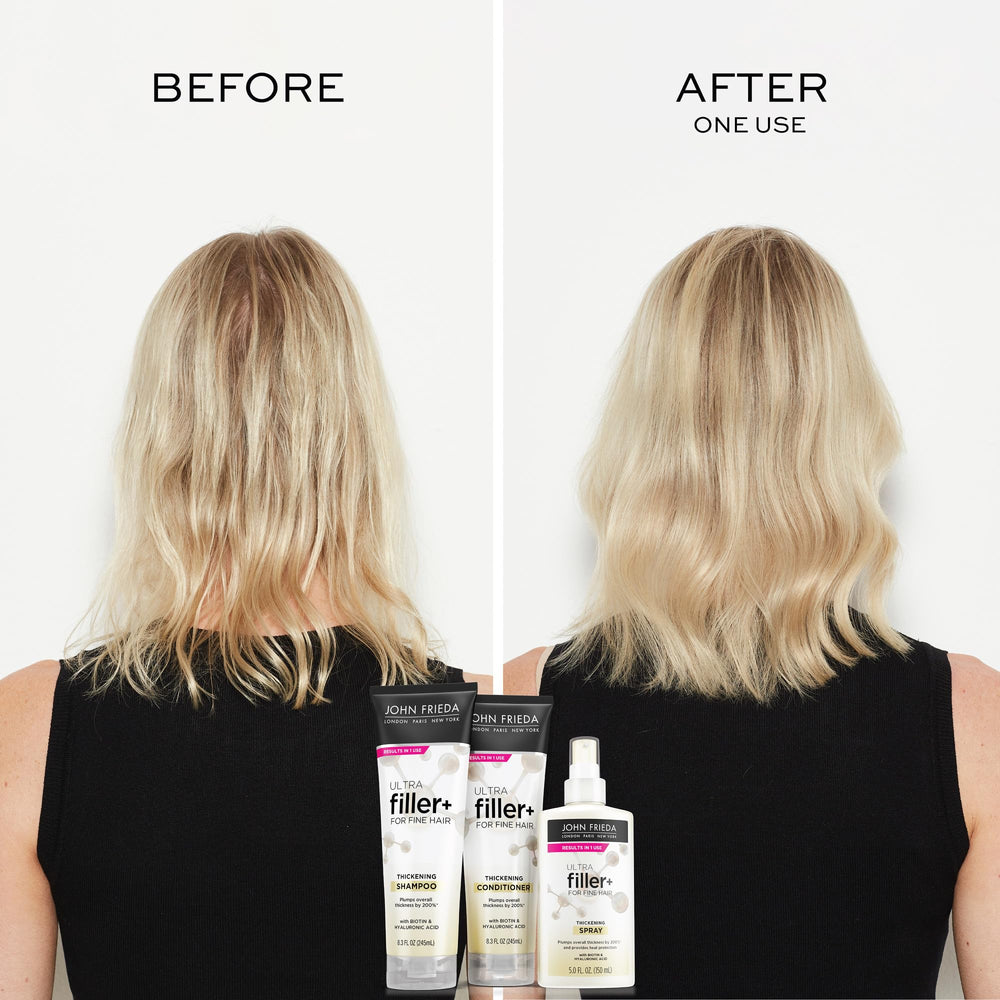 Hand applying John Frieda conditioner to wet hair demonstrating detangling and smoother strands