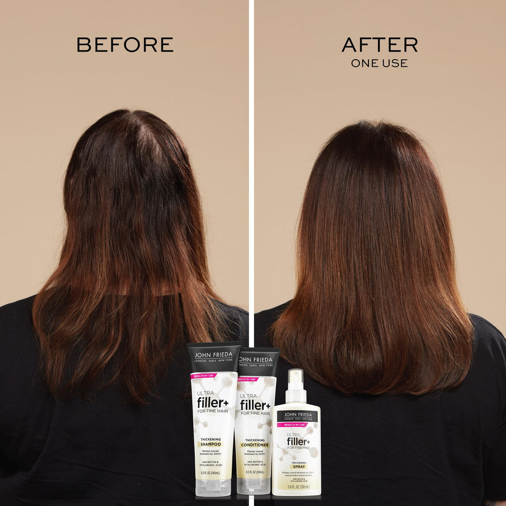 Bottle of John Frieda conditioner in shower setting showing rinseable, non-greasy finish