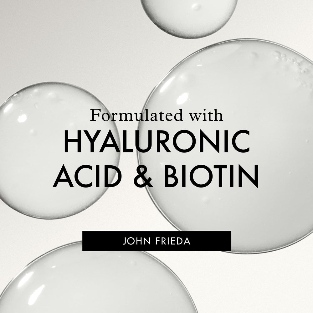 John Frieda ingredients label highlighting biotin and hyaluronic acid