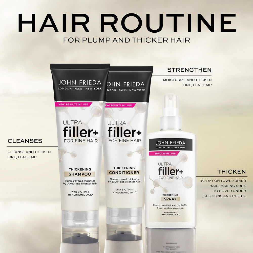 John Frieda 8.3 oz bottle next to common items to show size and travel-friendly convenience