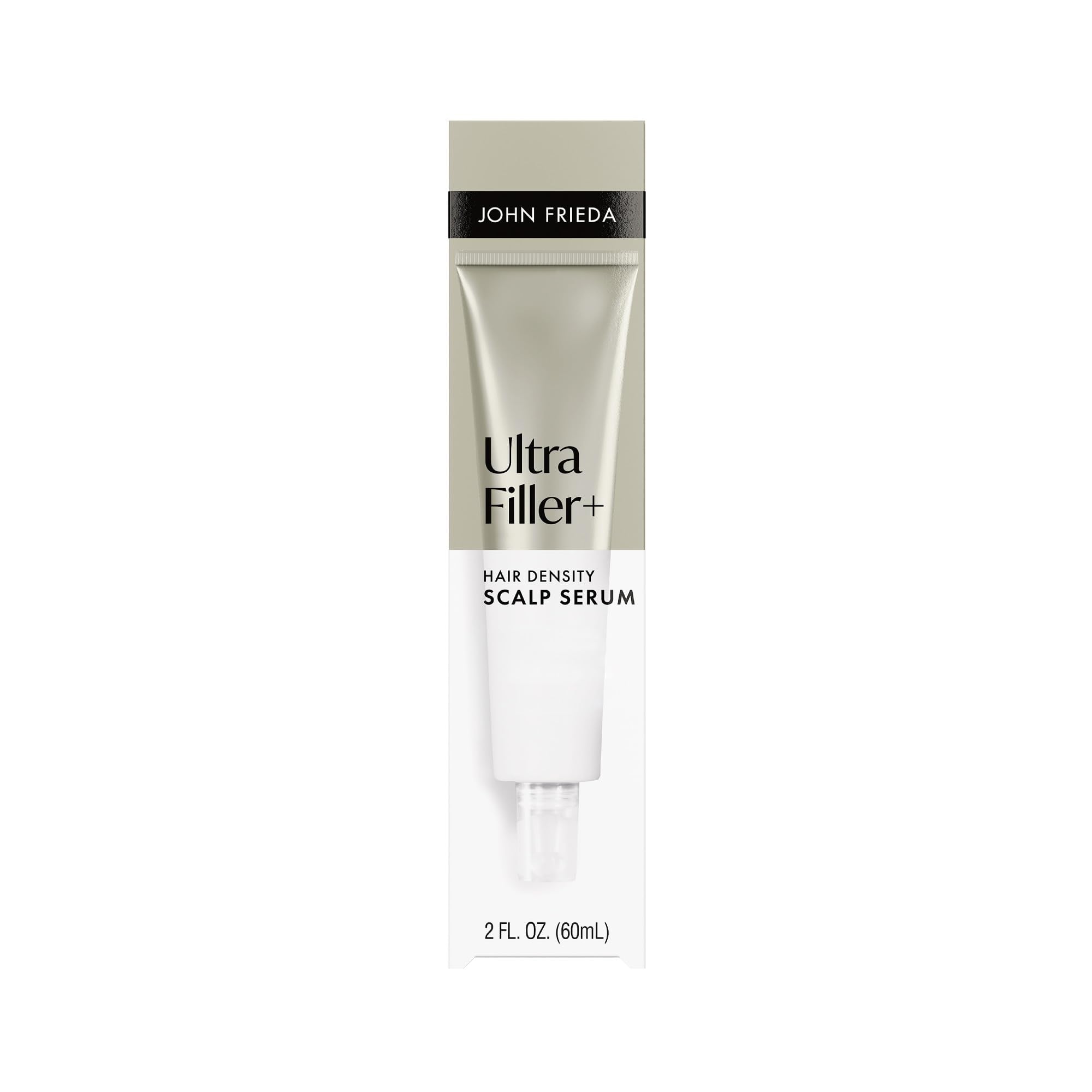 John Frieda front packaging of ULTRAfiller+ serum showing bottle and benefits