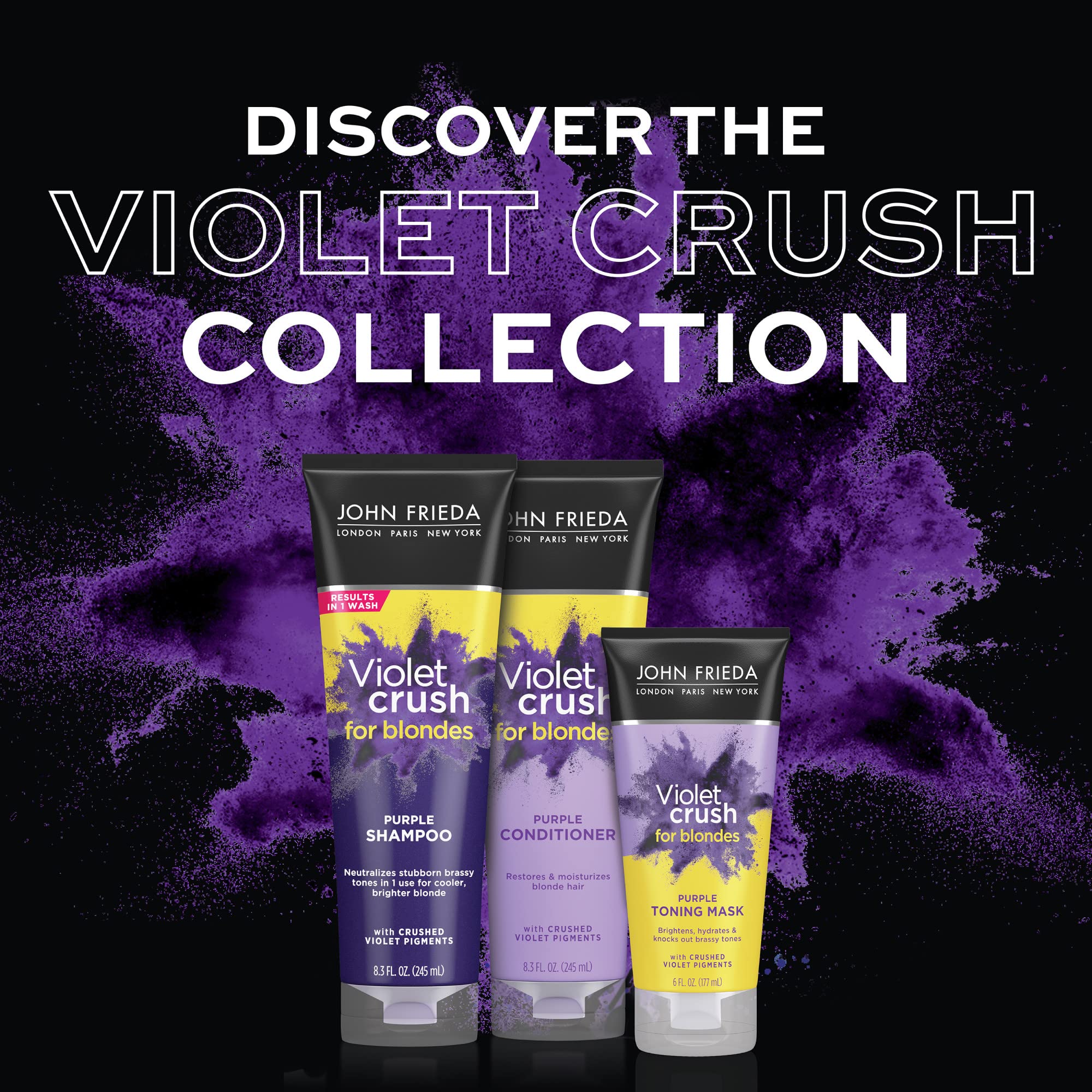 Back label of John Frieda Violet Crush conditioner listing ingredients and directions