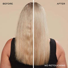 Before and after blonde model using John Frieda to show reduced brassiness and brighter tone