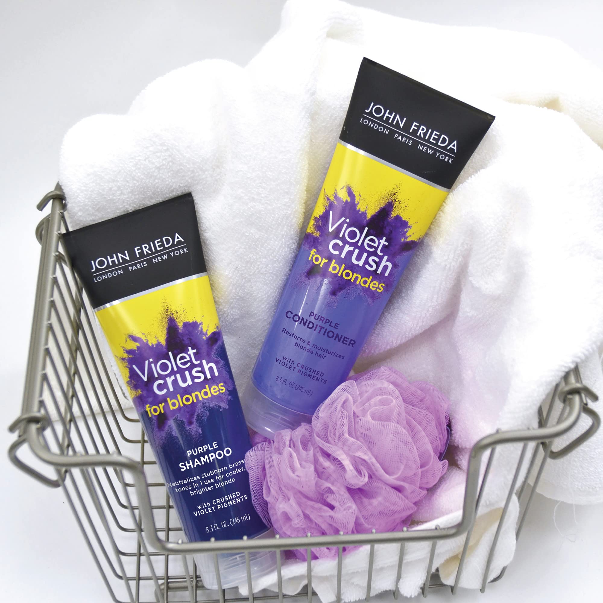 Violet Crush conditioner on bathroom shelf in lifestyle scene for salon-fresh blonde