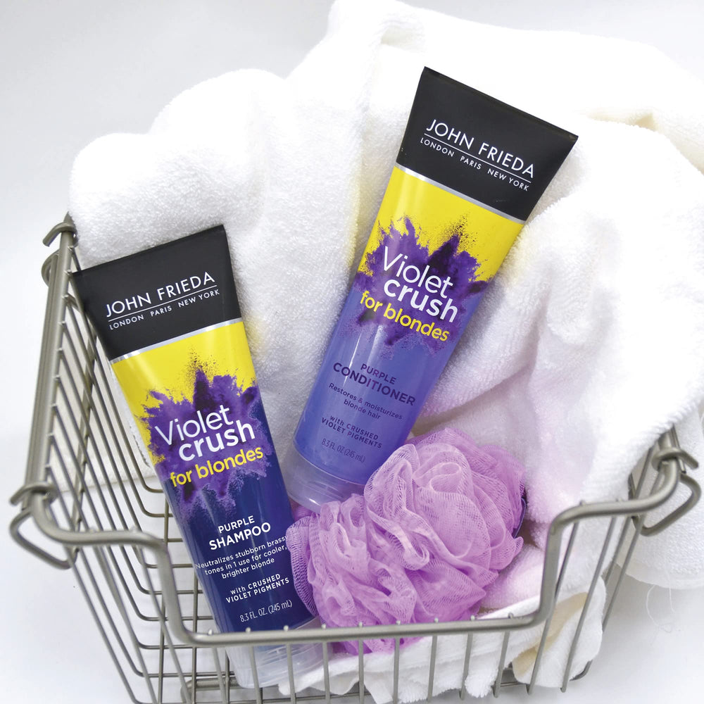 Violet Crush conditioner on bathroom shelf in lifestyle scene for salon-fresh blonde