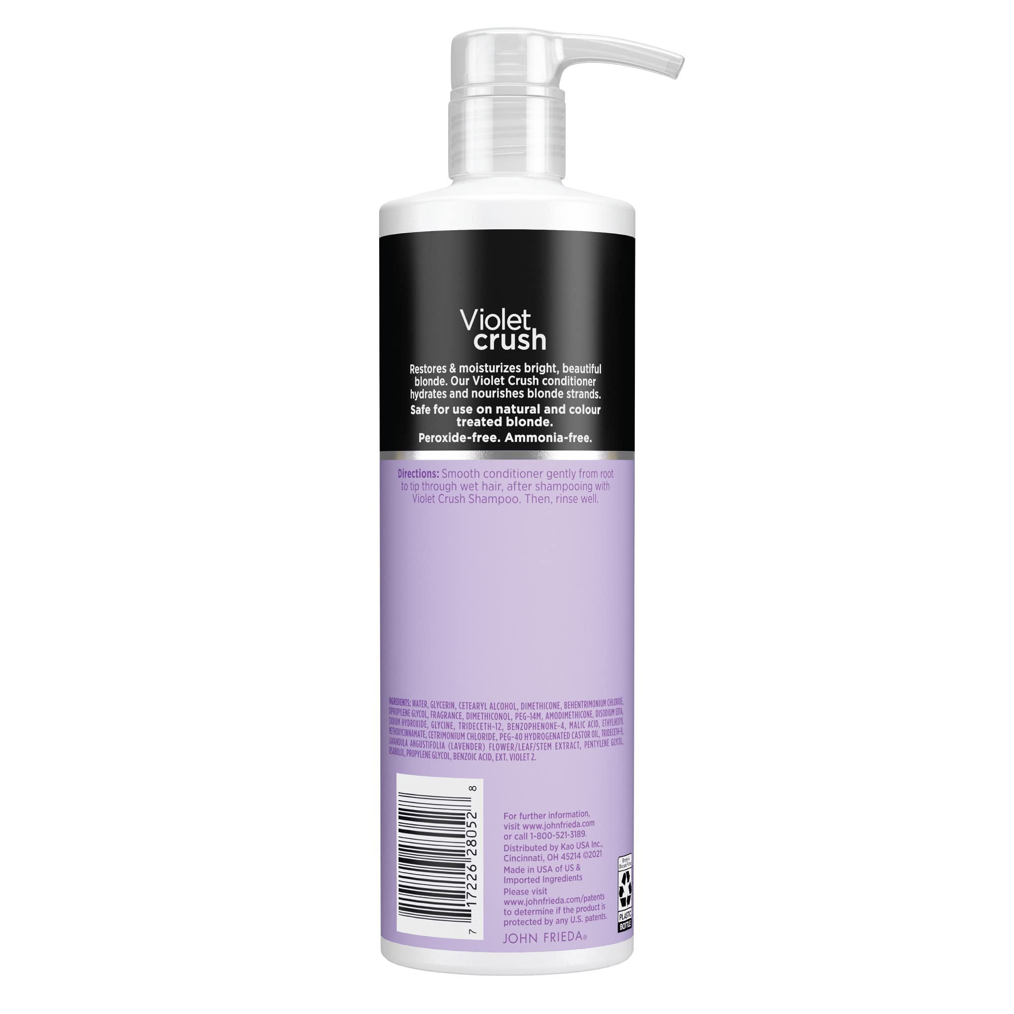John Frieda Violet Crush shampoo and conditioner duo on tile displaying coordinated care