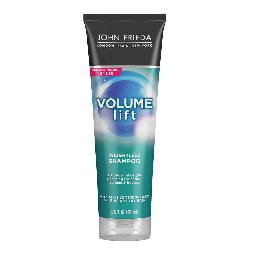 John Frieda bottle front view showing product and perked-up styling benefit