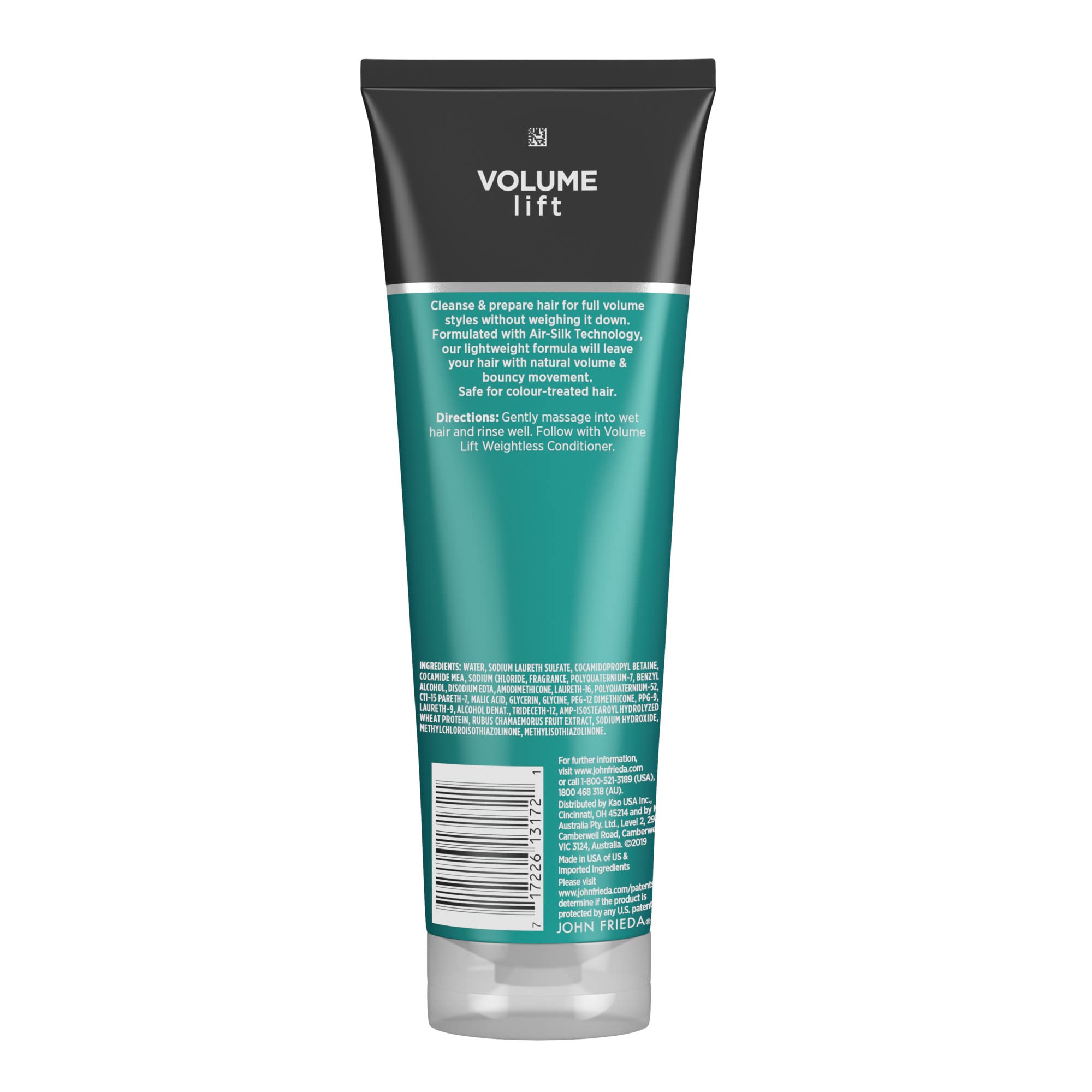 John Frieda bottle next to ruler showing 8.45 oz size for travel-friendly volume
