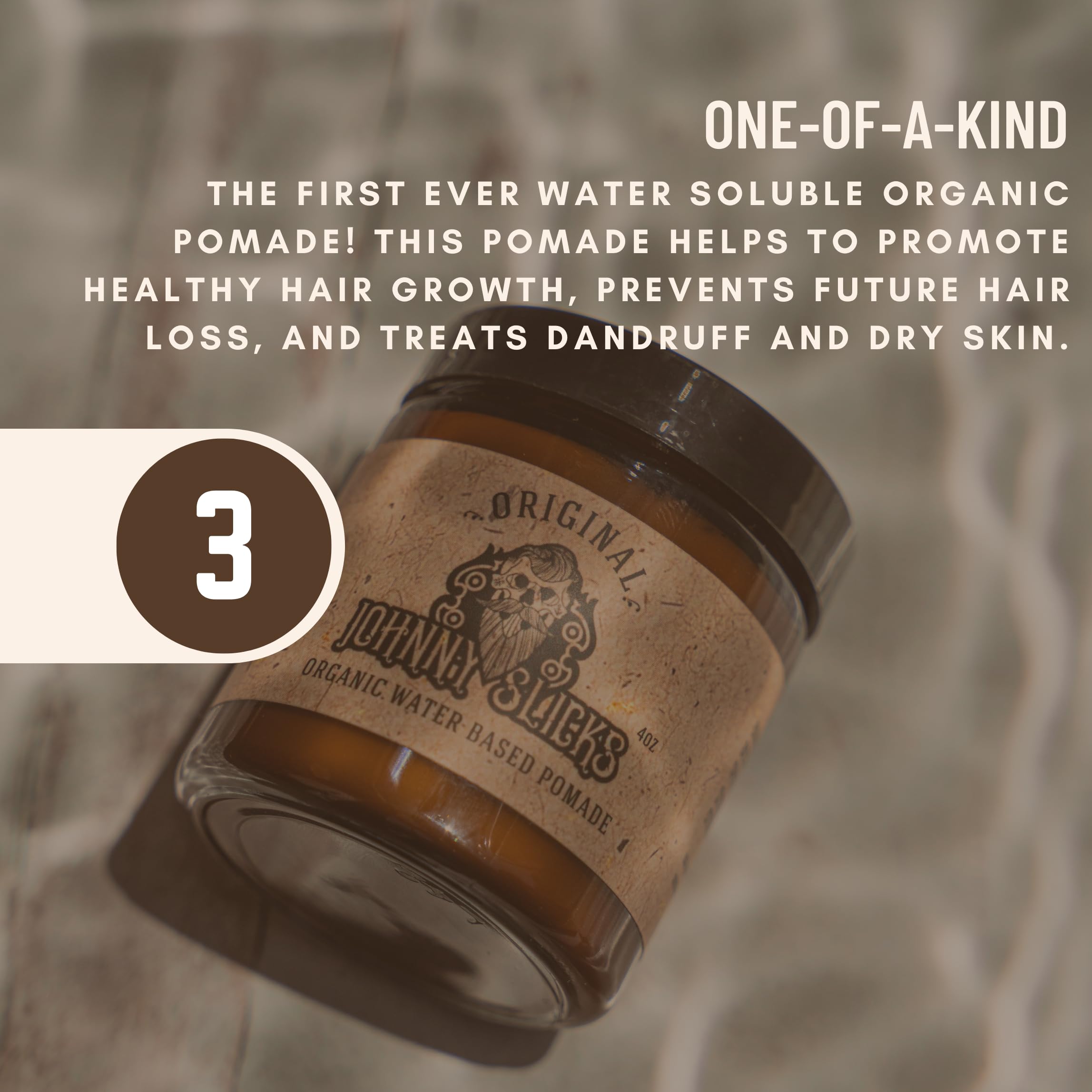 Johnny Slicks natural ingredients display highlighting organic oil benefits