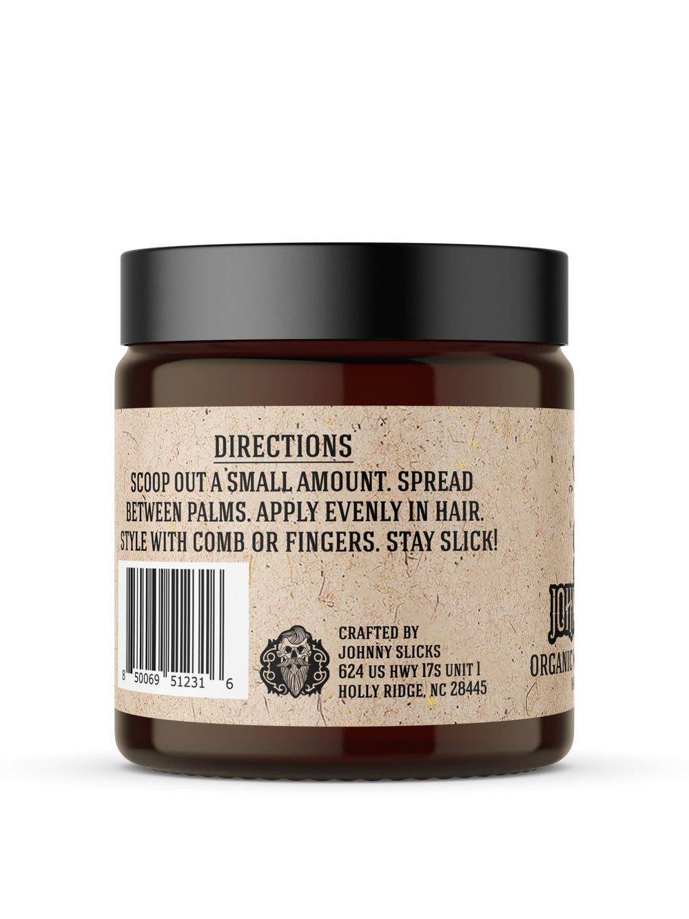 Johnny Slicks open jar with label visible highlighting organic ingredient benefits