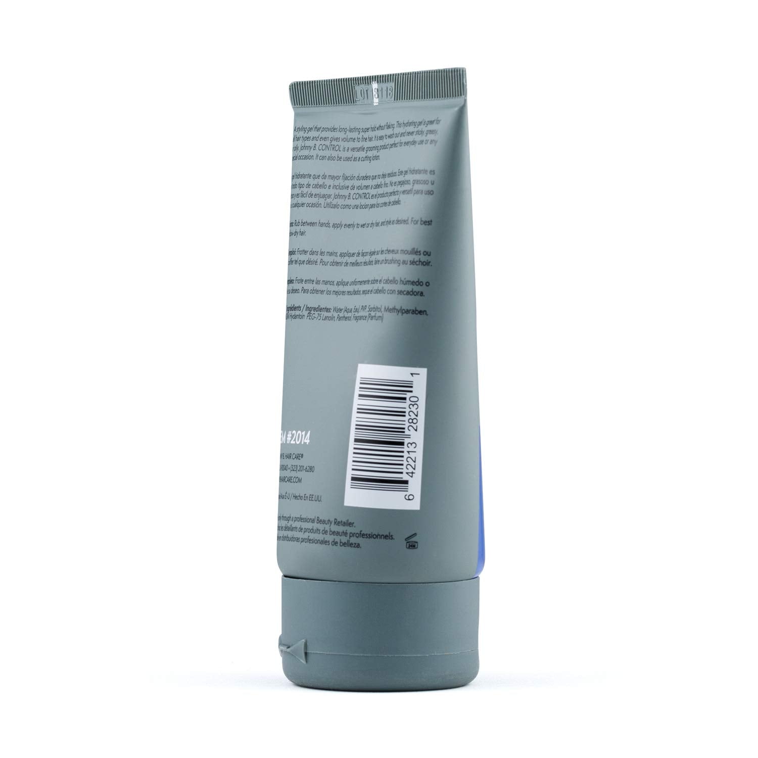 JOHNNY B. control 3.3 oz size comparison next to a comb to illustrate travel-friendly volume and convenience