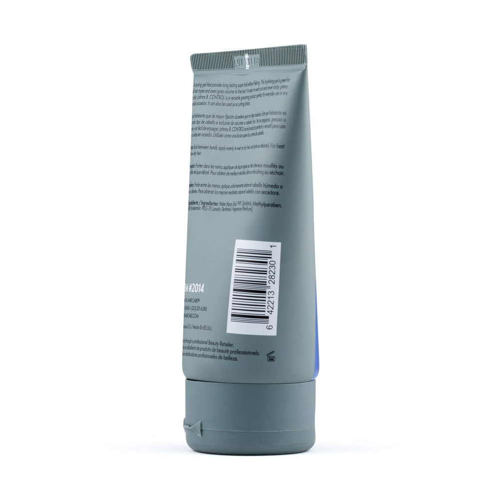 JOHNNY B. control 3.3 oz size comparison next to a comb to illustrate travel-friendly volume and convenience
