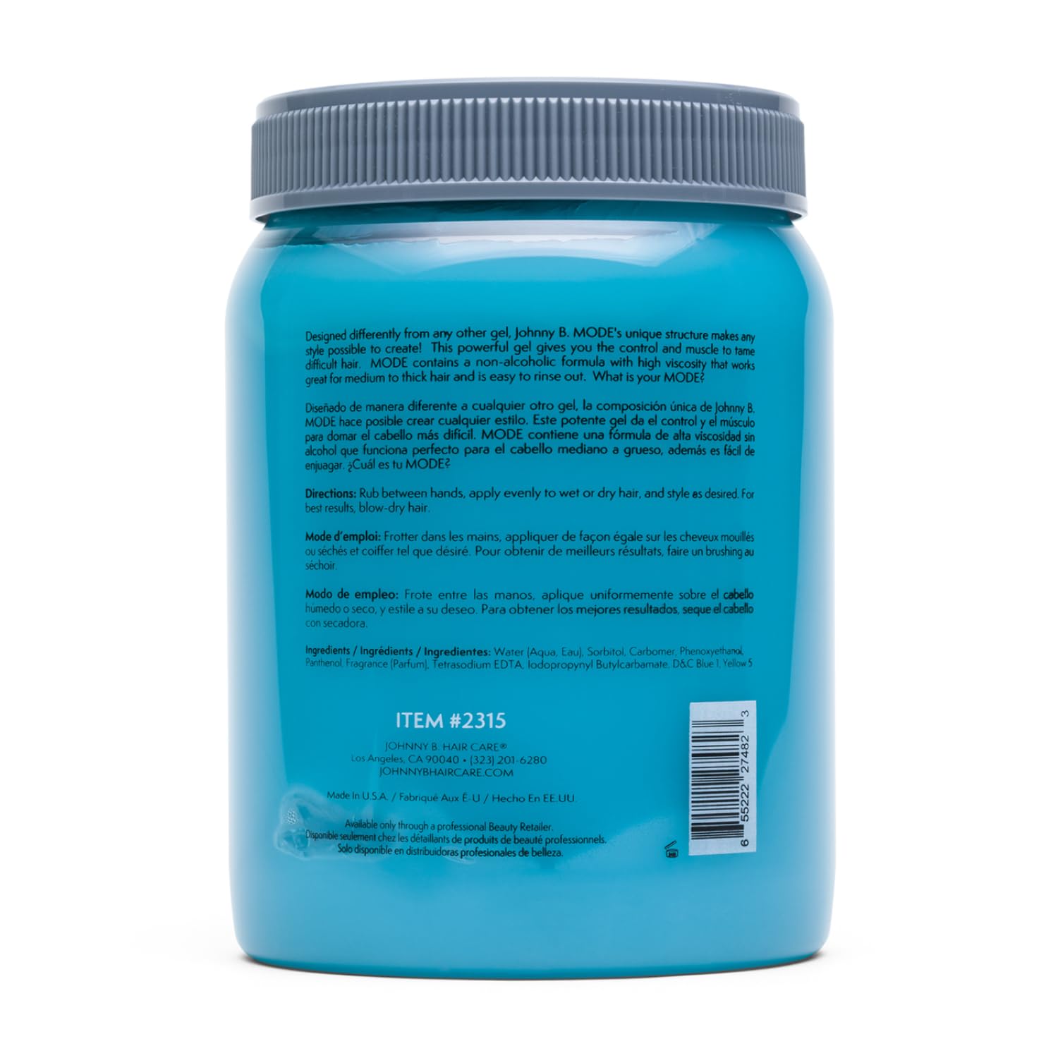 JOHNNY B. Mode open jar with product visible, conveys easy scoop and rinse-out benefit