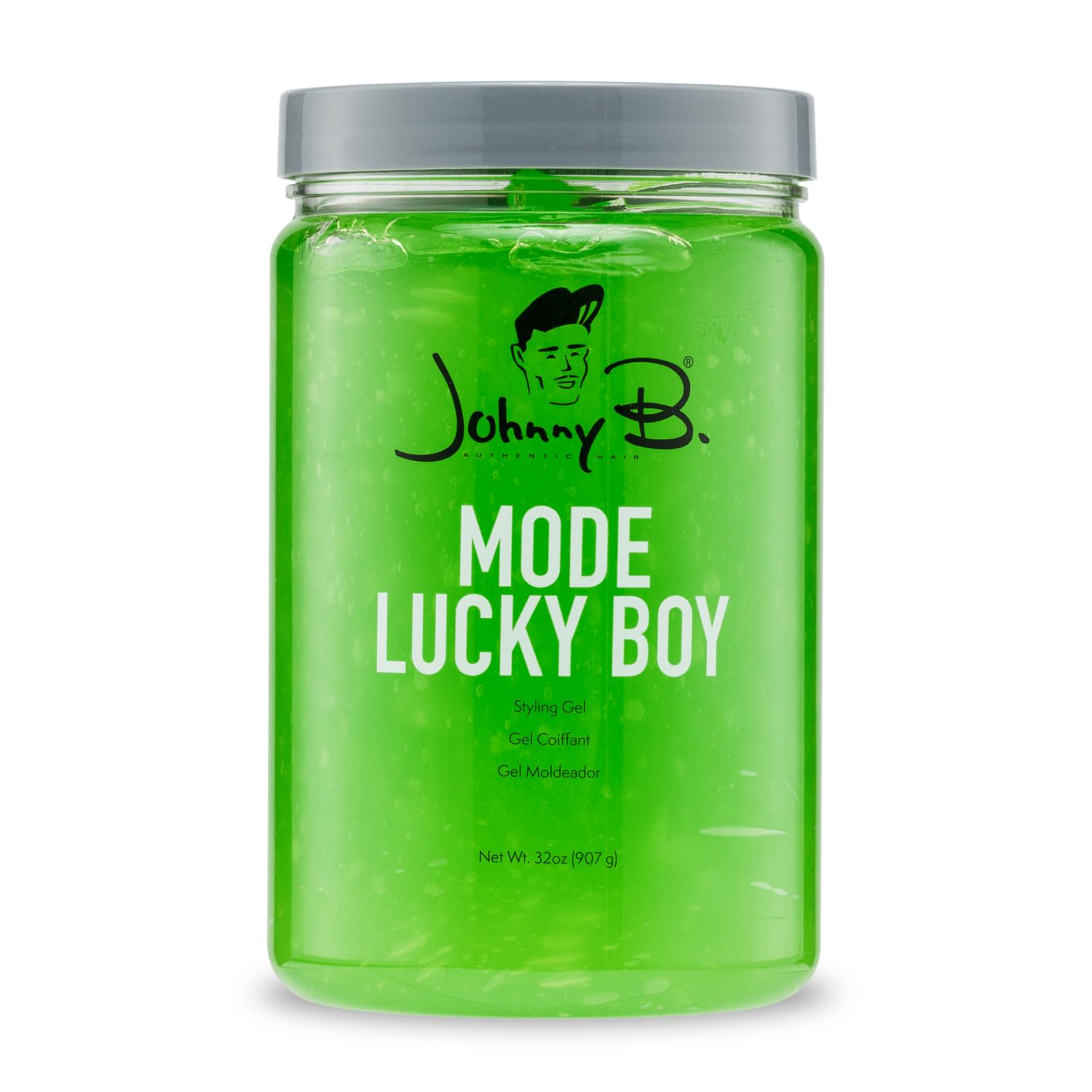 JOHNNY B. front jar showing Lucky Boy green gel and label, highlights collectible design