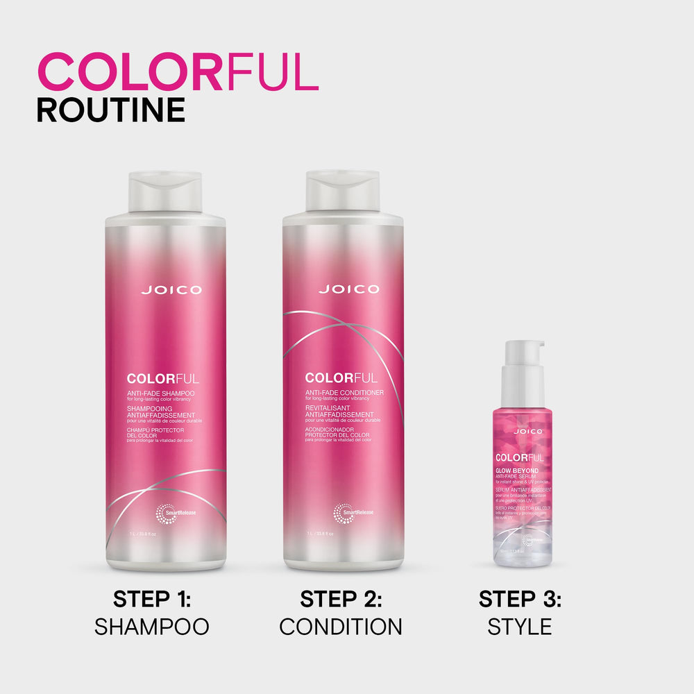 Joico Colorful shampoo on bathroom shelf staged for daily color-care routine inspiration