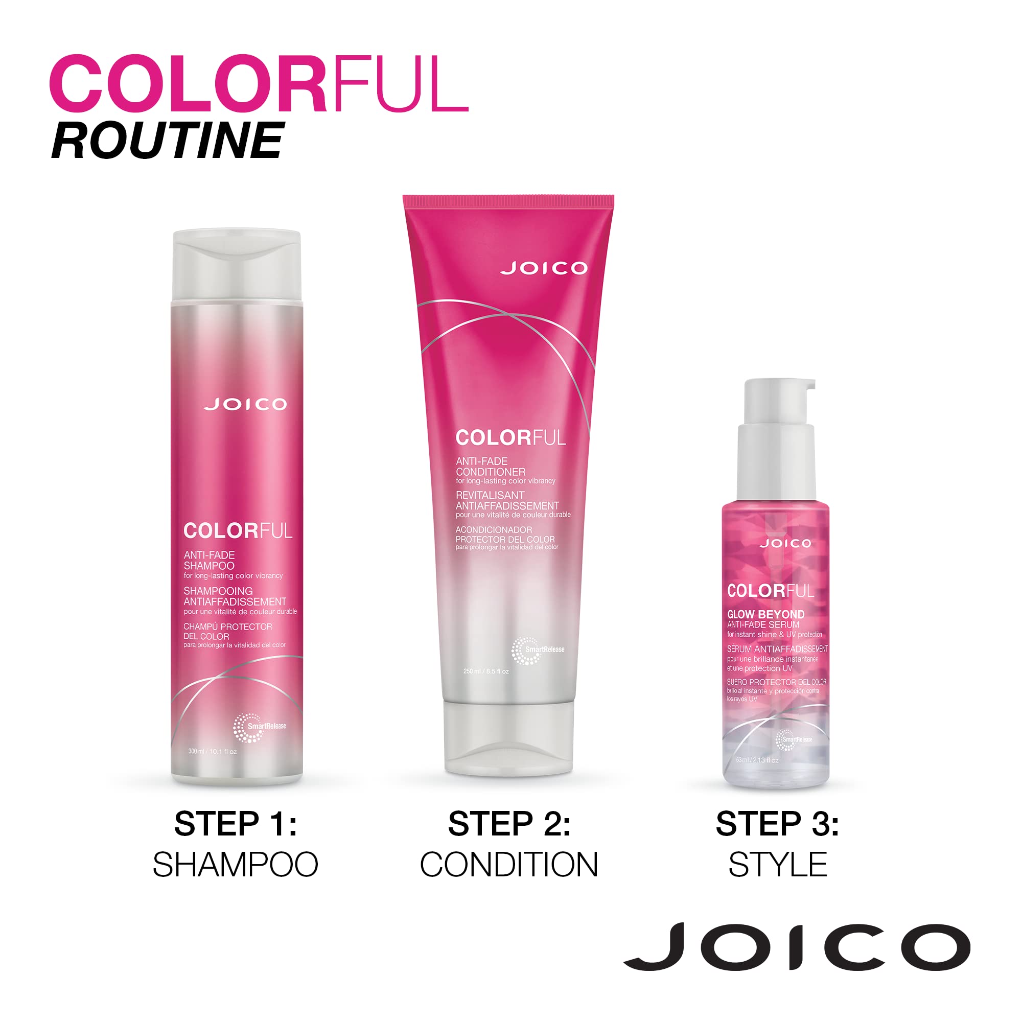 Joico bottles next to hand for scale showing compact travel-friendly size