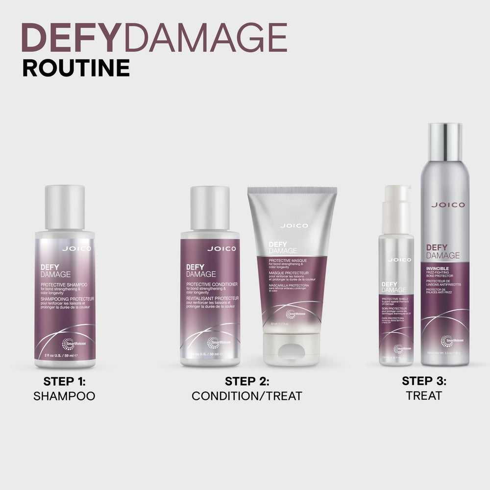 Joico Defy Damage bottle on bathroom shelf suggesting salon-quality routine