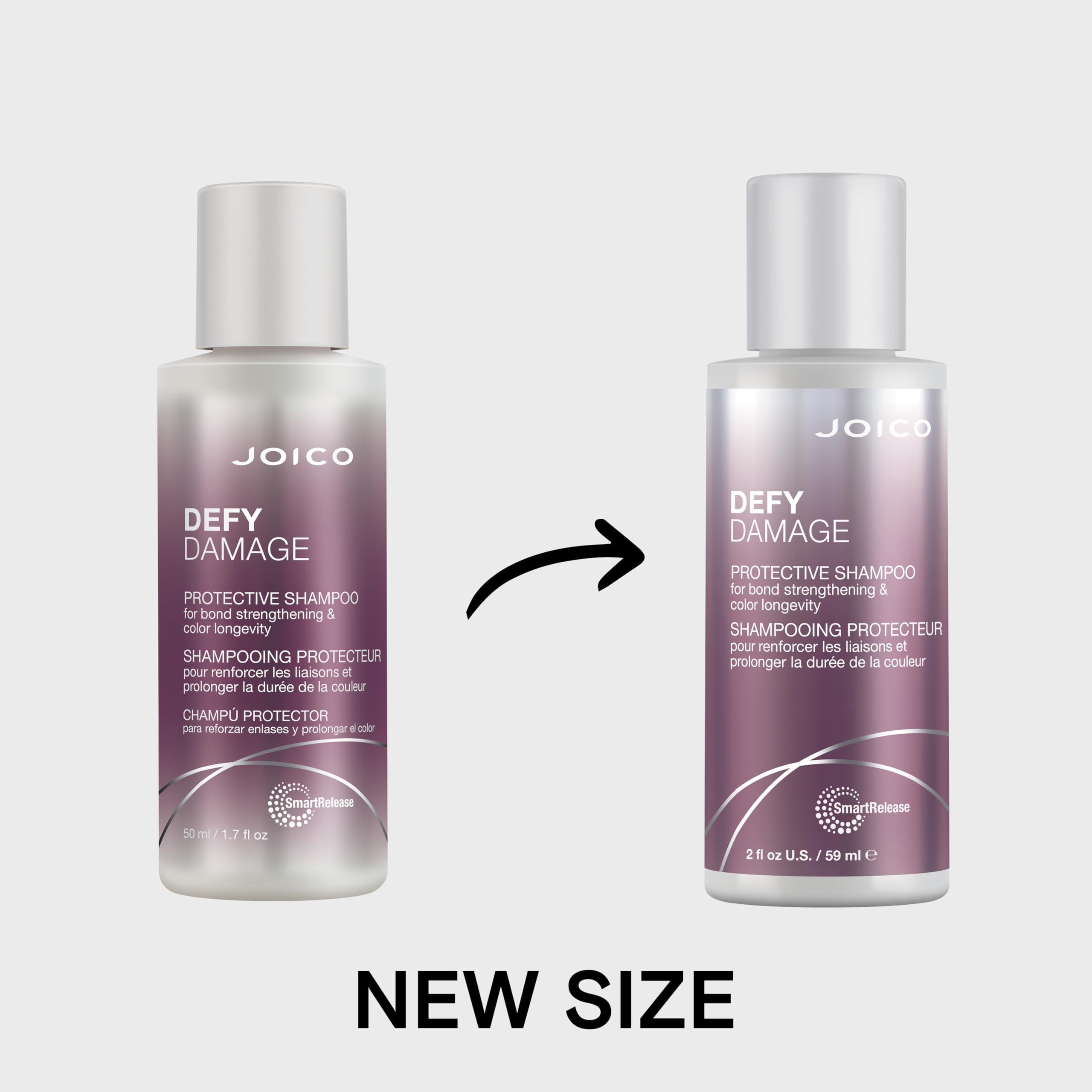 Joico Defy Damage 2 oz next to passport to show compact travel-friendly size