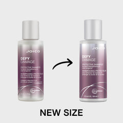 Joico Defy Damage 2 oz next to passport to show compact travel-friendly size