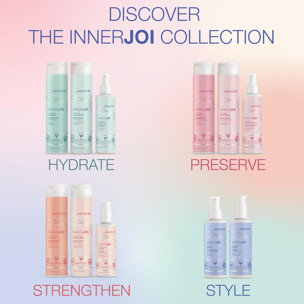 Clear view of Joico InnerJoi label showing clean, sulfate- and paraben-free claims