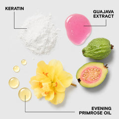Joico ingredient display with keratin and evening primrose, supports hair repair