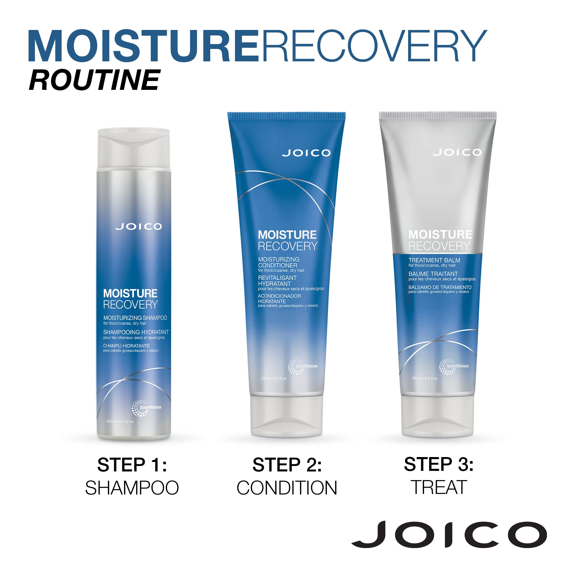 Joico set styled on bathroom shelf suggesting a salon-quality routine