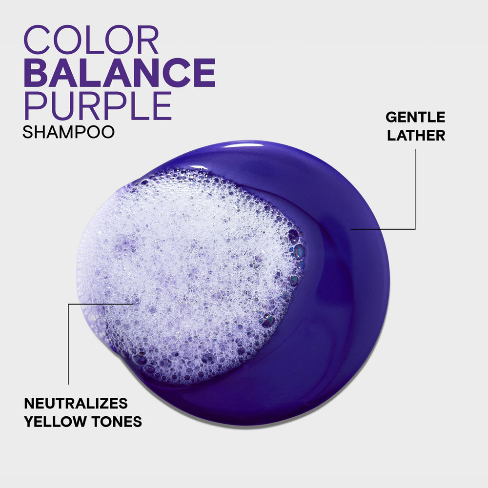 Joico purple shampoo foam on blonde hair in sink demonstrating toning action and visible cooling effect