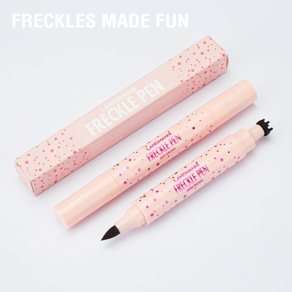 Jolilab freckle pen application on model face showing stamped freckles and filled brows for realistic result