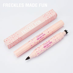 Jolilab freckle pen application on model face showing stamped freckles and filled brows for realistic result