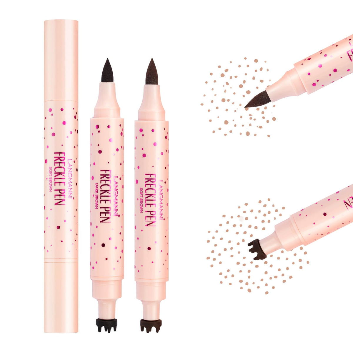 Jolilab freckle pen front packaging showing pink polka-dot case and dual-ended design for easy identification