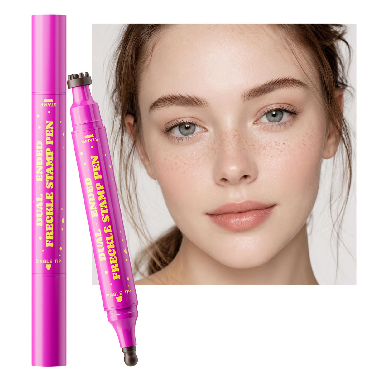 Jolilab freckle pen front view showing compact pink design and dual ends for travel convenience