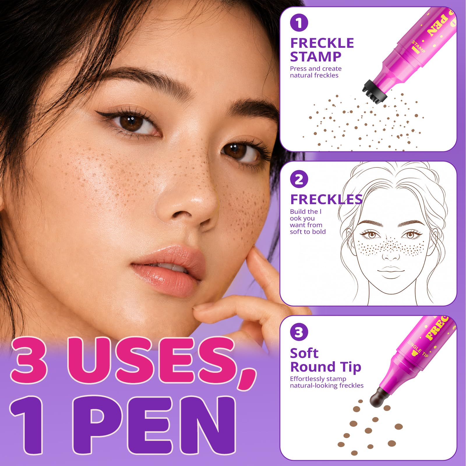 Jolilab freckle pen applied on skin showing natural sun-kissed freckles and blended finish