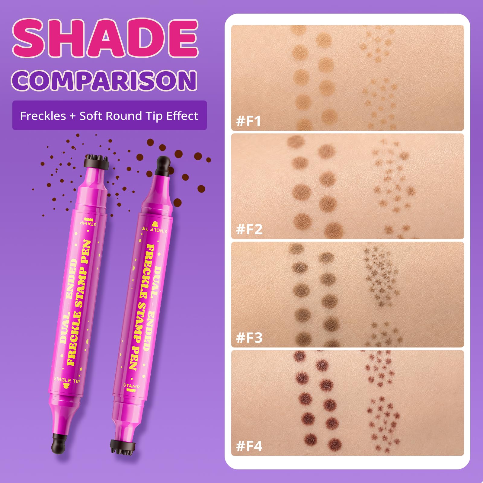 Jolilab freckle pen swatches on arm showing four brown shades for shade-matching