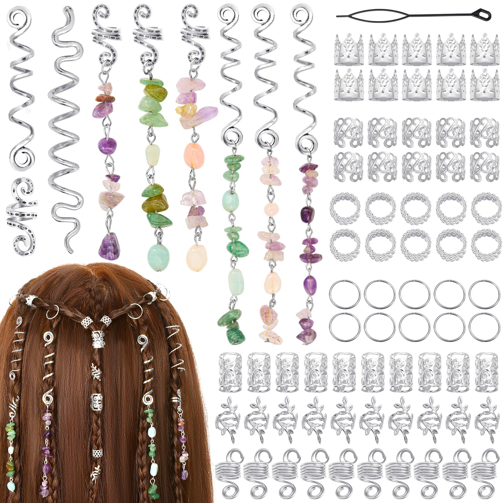 Jollidecor front package view showing full 80-piece hair jewelry kit and benefits
