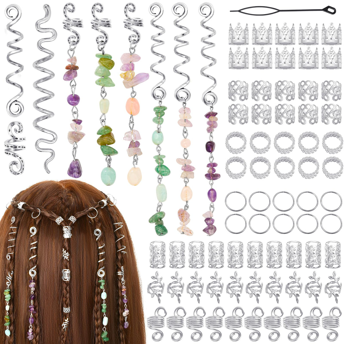 Jollidecor front package view showing full 80-piece hair jewelry kit and benefits