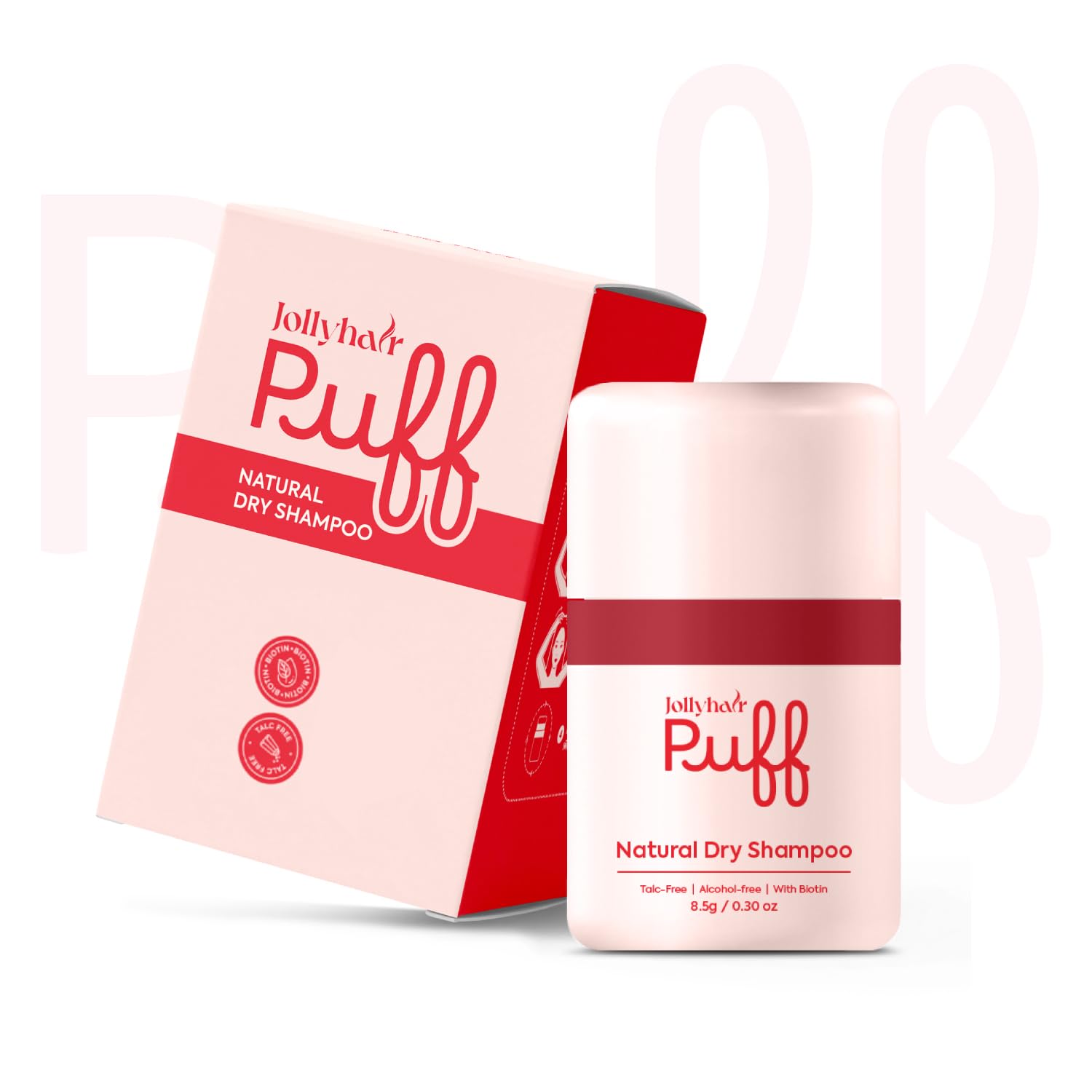 JollyHair puff front packaging showing compact travel container and benefits