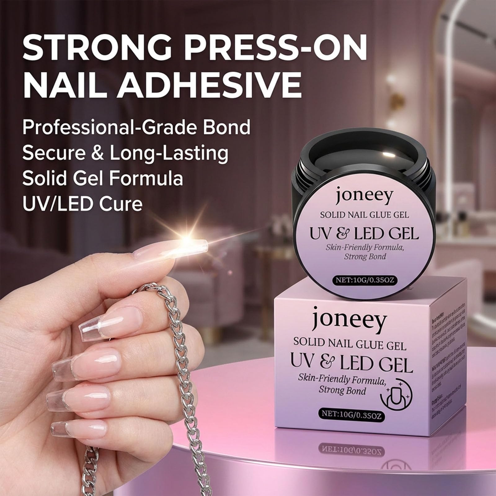 joneey application press-on in use with lamp showing precise placement and secure hold