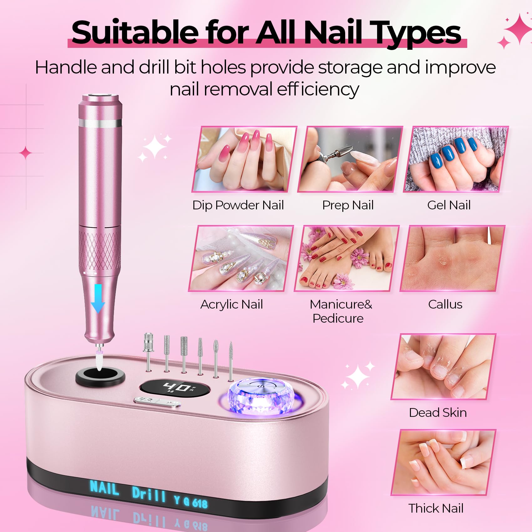 JOSGLOI nail drill in use polishing an acrylic nail for smooth salon results
