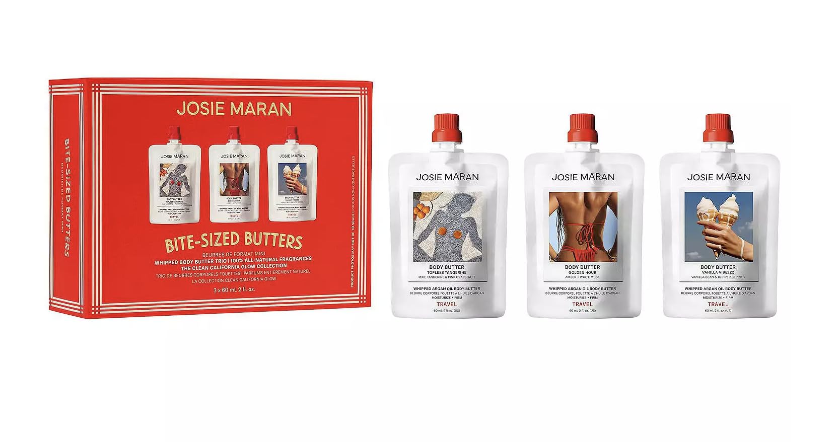 Josie Maran front packaging showing three mini body butter pots and gifting appeal