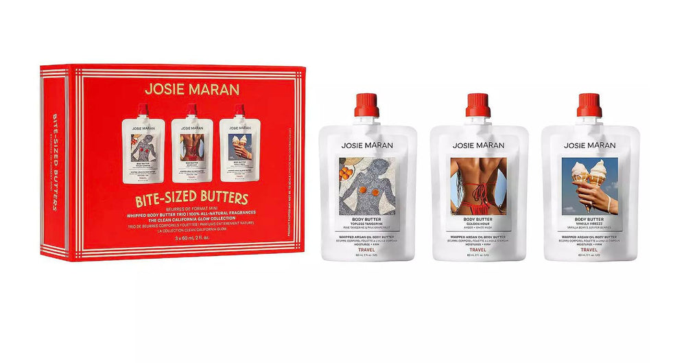 Josie Maran front packaging showing three mini body butter pots and gifting appeal