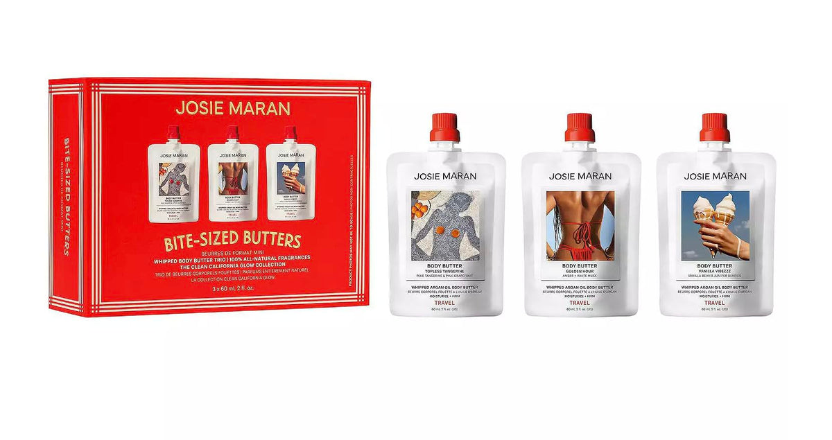 Josie Maran front packaging showing three mini body butter pots and gifting appeal