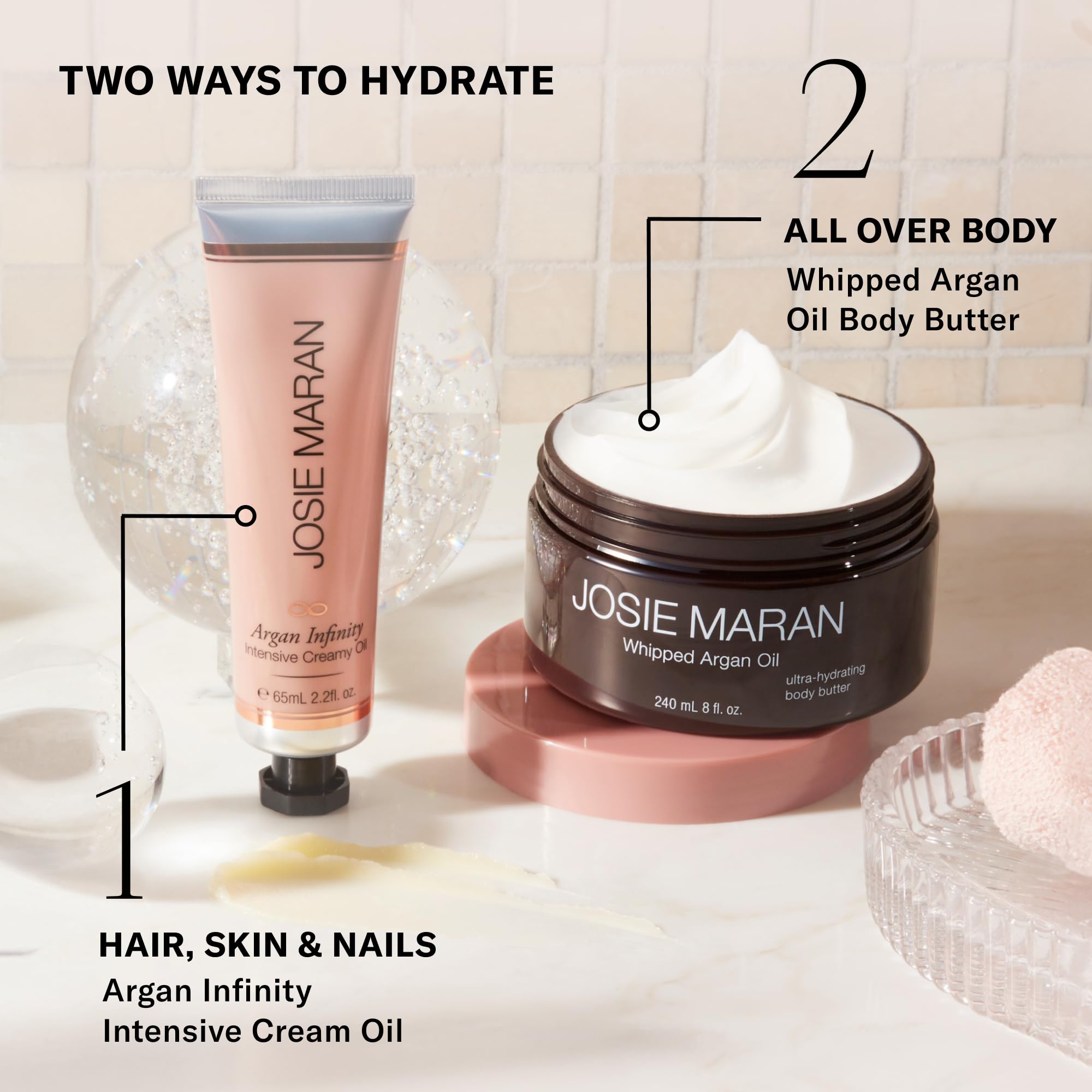 Josie Maran ingredients bowl with argan, shea, avocado showcasing natural nutrient sources