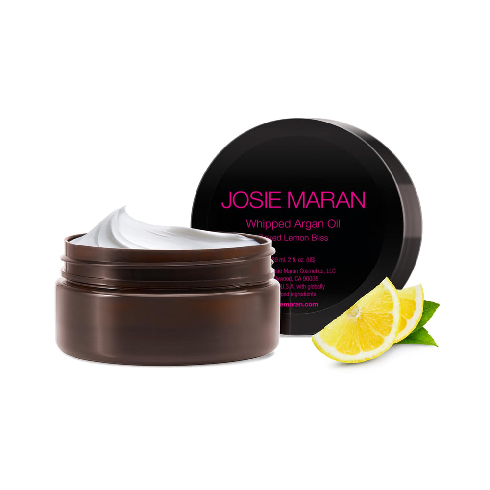 Josie Maran jar front view showing Baked Lemon Bliss and travel-friendly size