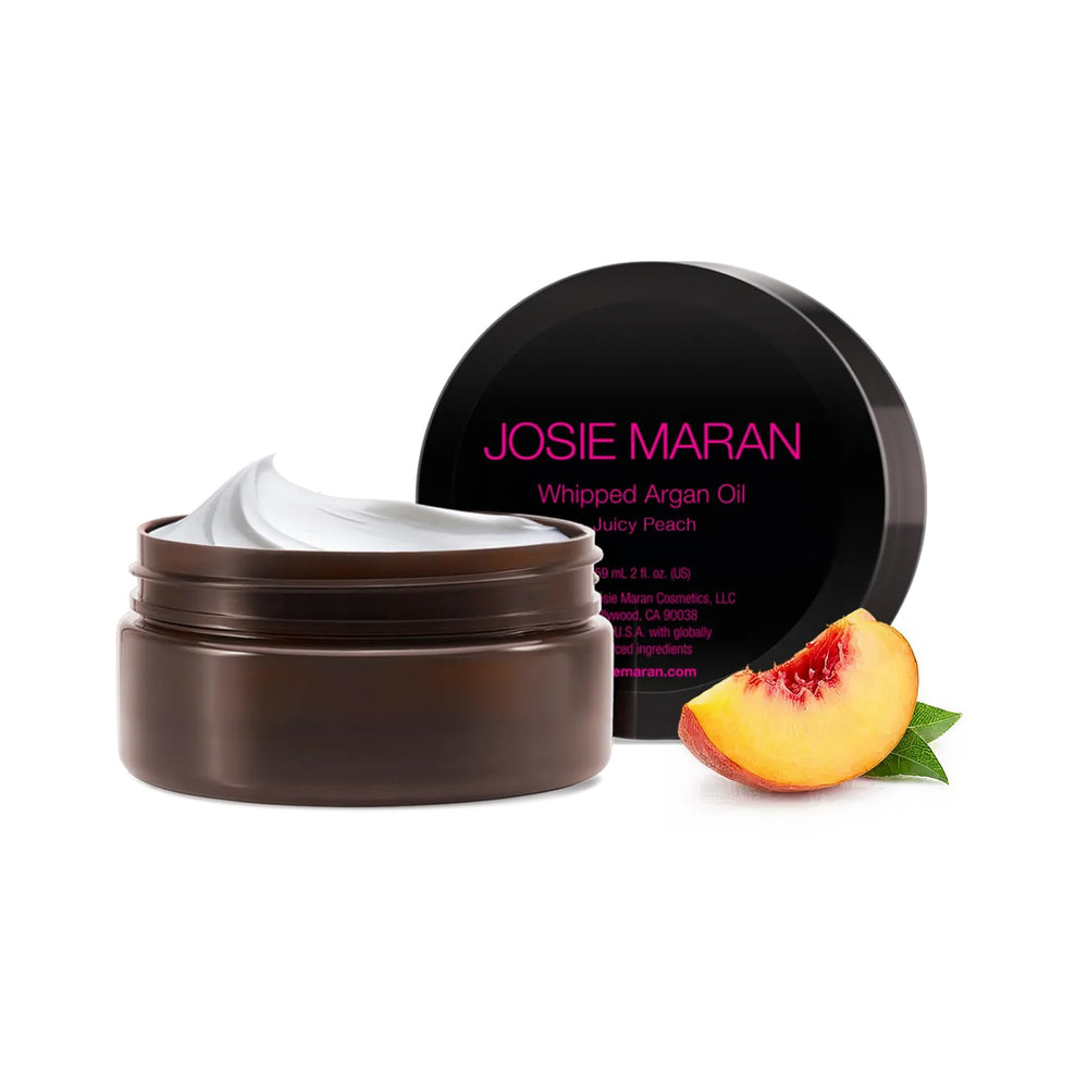 Josie Maran front tub showing product branding and compact size for travel