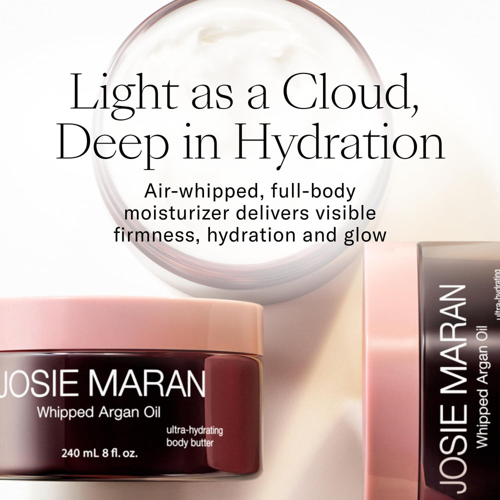 Josie Maran opened jar showing whipped texture and quick absorption benefit