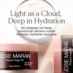 Josie Maran opened jar showing whipped texture and quick absorption benefit
