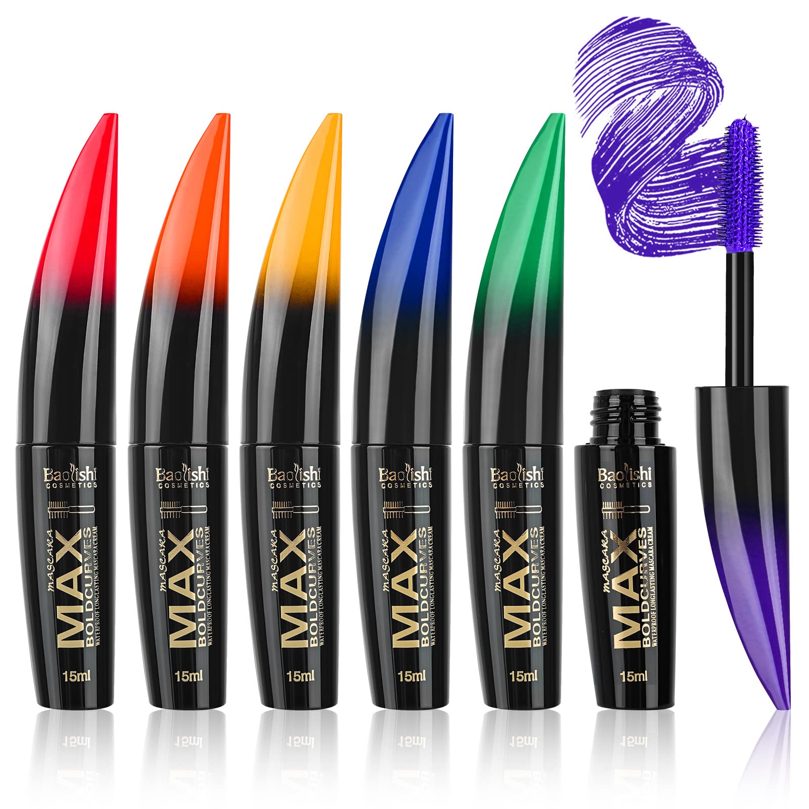 Joyeee mascara set front view showing six colorful tubes and vibrant benefit