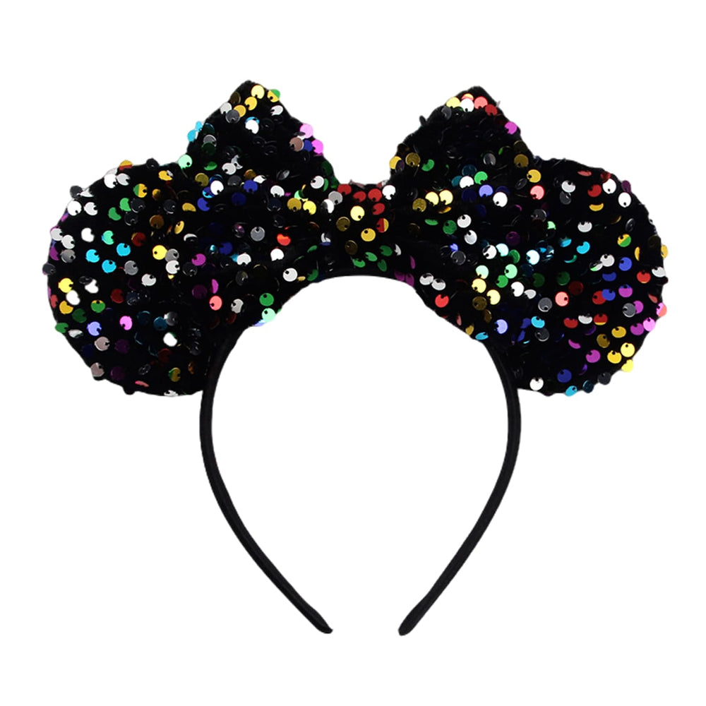 JOYFISCO front view headband showing ears and bow, sparkly party-ready accessory