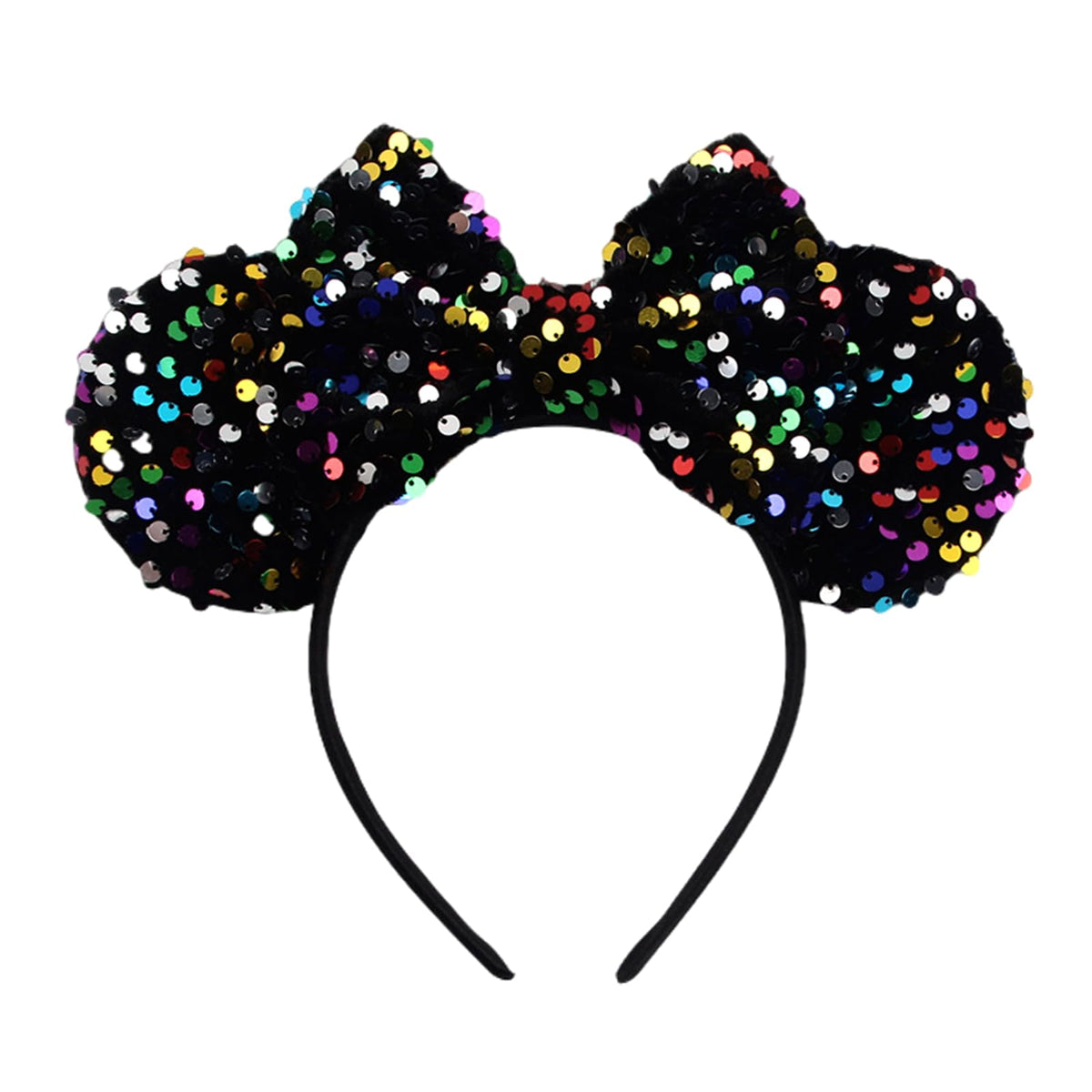 JOYFISCO front view headband showing ears and bow, sparkly party-ready accessory