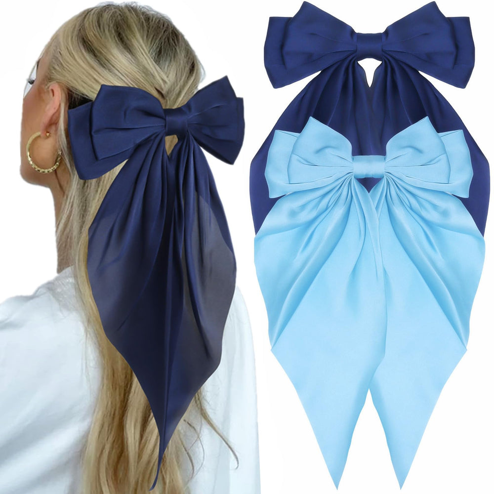 JOYRUBY front view of navy satin bows showing elegant shape and shine